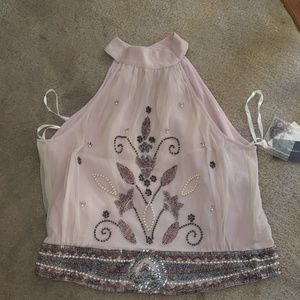 FRENCH CONNECTION beaded embroidered blush open back top NWT